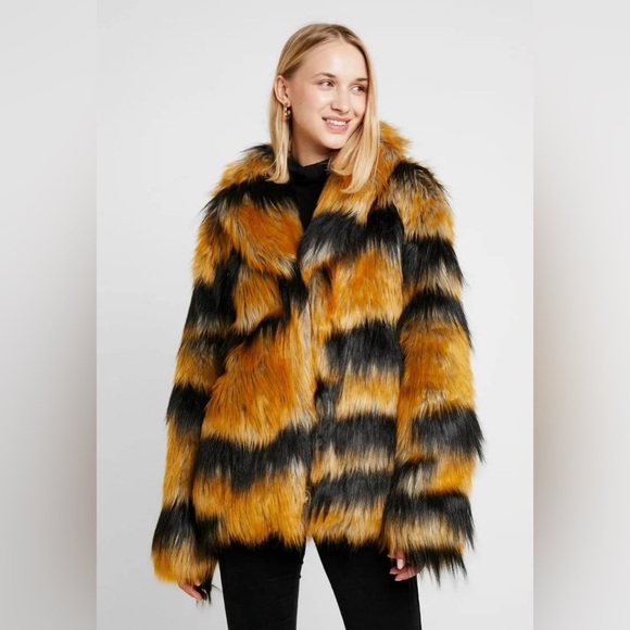 Topshop Fabulous Tiger Multi Color Faux Fur Jacket Coat sz 6 - Picture 5 of 6